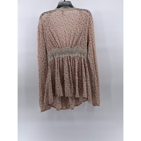 FREE PEOPLE Women's Beige Floral Print V-Neck Button-Up Long Sleeve Top SZ M - Picture 2 of 11